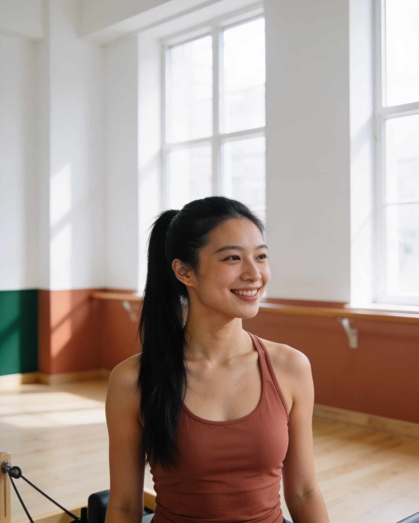 Aiko, with a long black ponytail and a clay top, smiling in the studio.