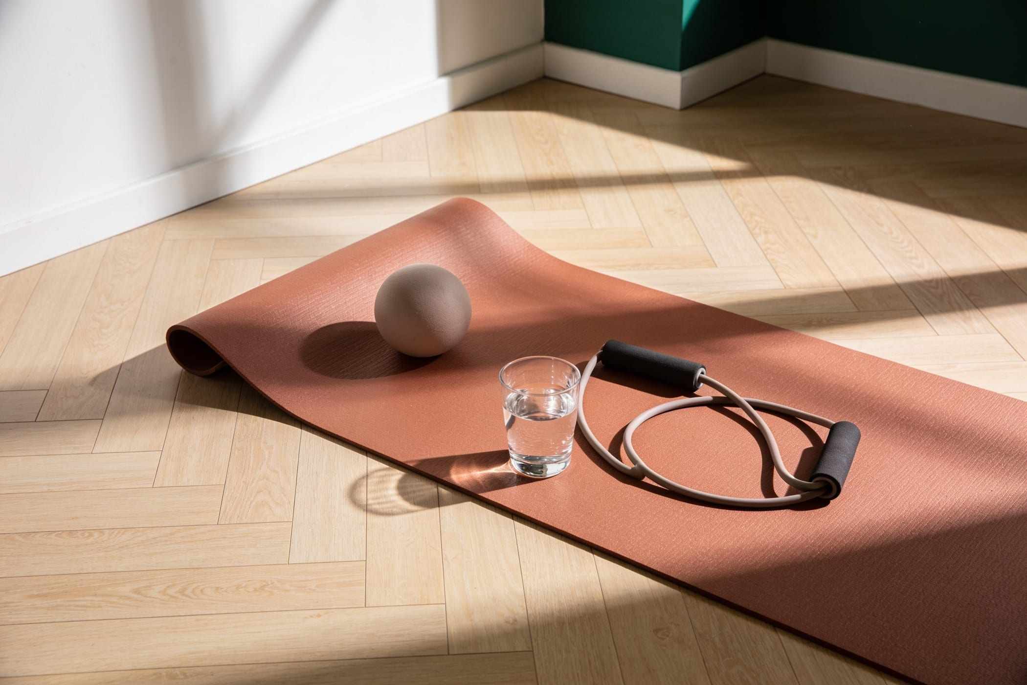 A clay colored mat with a soft ball, a resistance band and a glass of water.