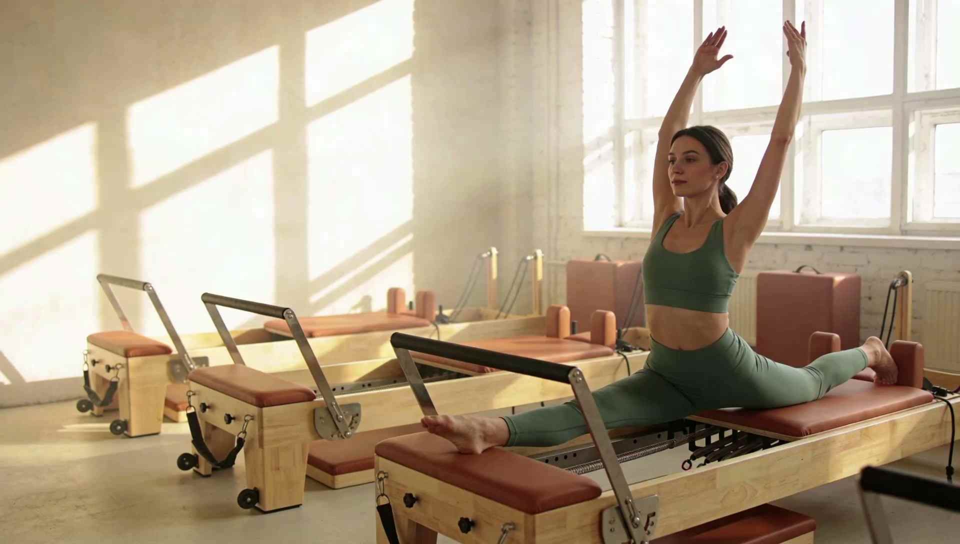 A woman in sage green holds a graceful split on an oak reformer in a sunlit Pilates studio.