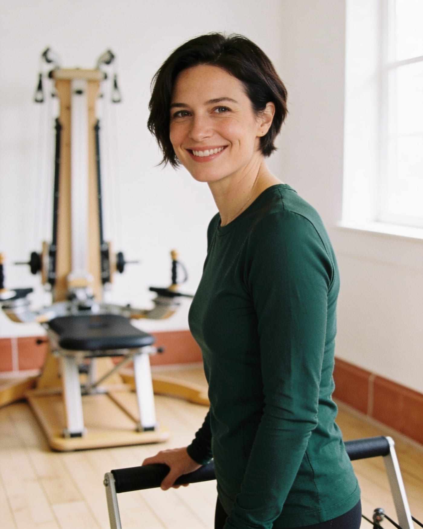 Maren, with short dark hair and a deep green top, smiles beside a tower.