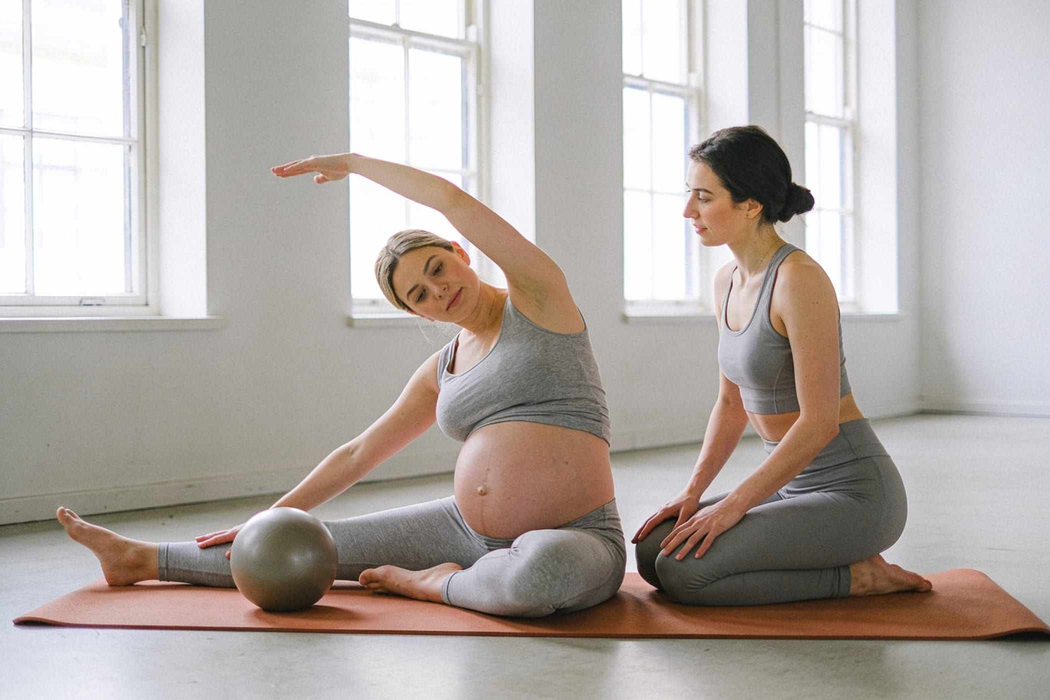 A pregnant woman stretches to the side on a mat with a small ball, an instructor beside her.