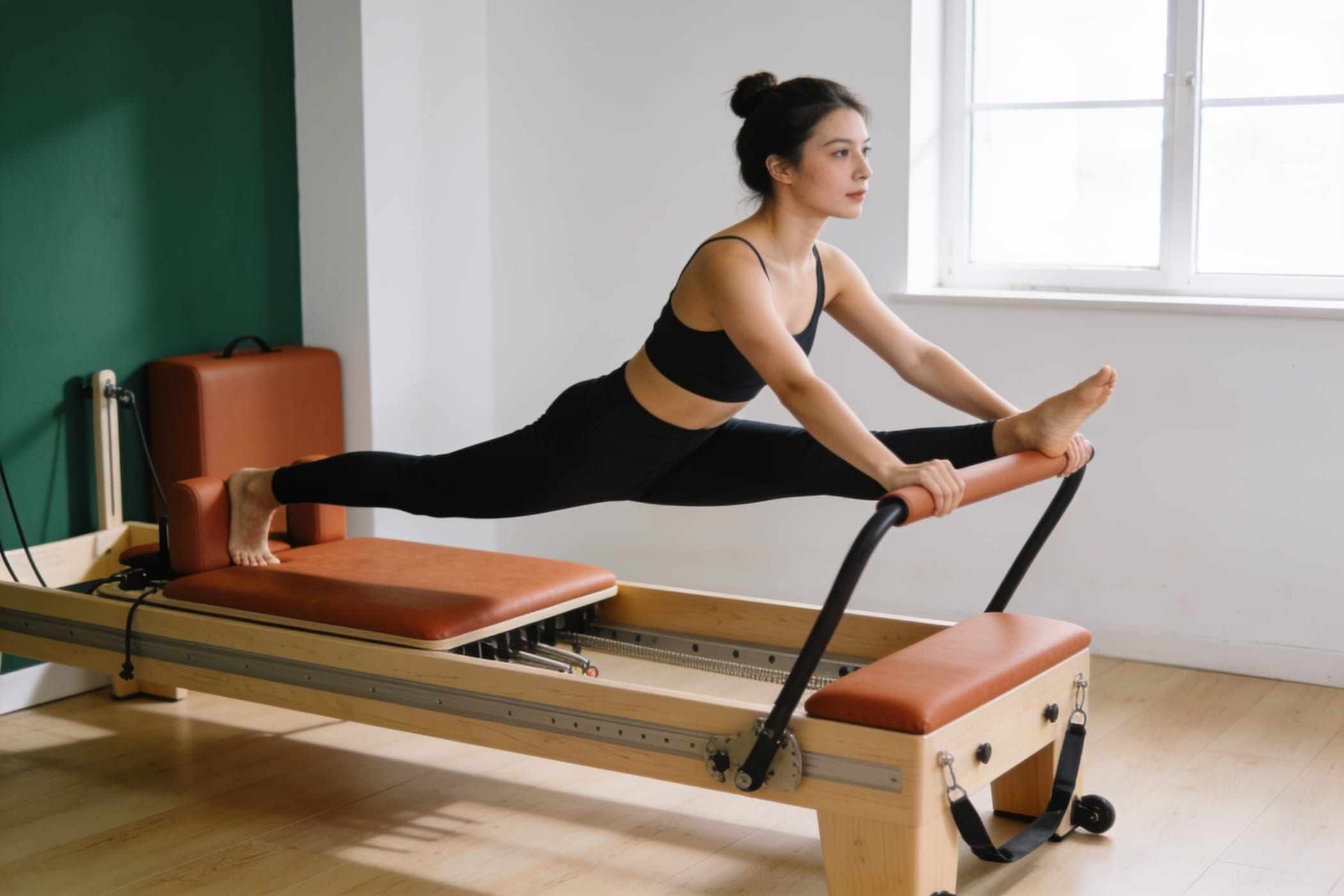 A woman holds a long stretch on an oak reformer in a bright studio.
