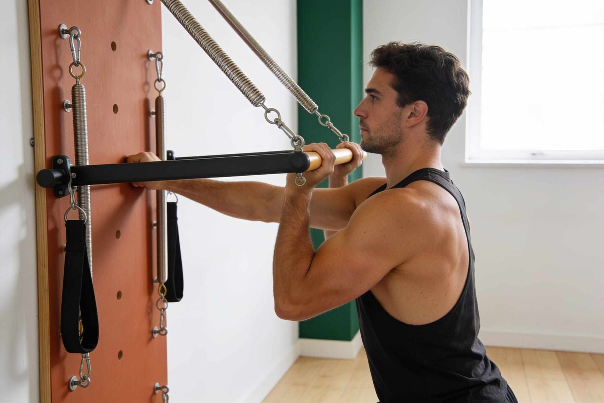 A man pulls the push through bar on a wall tower with springs.